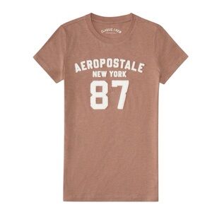 Aeropostale 87 Appliqué Graphic Tee Caramel Cafe Classic Crew Shirt Women’s Med